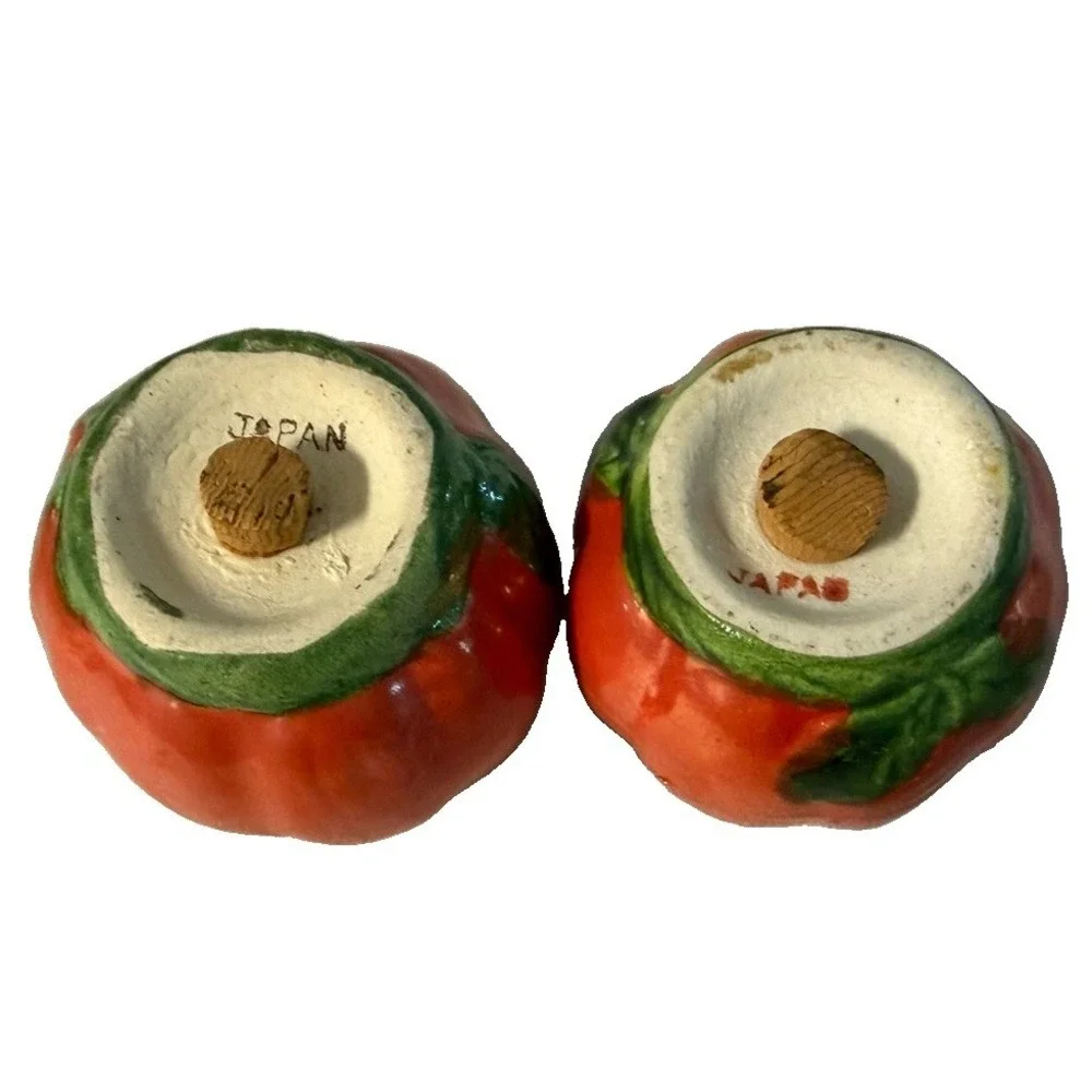 Vintage Japan Tomato Salt Pepper Shakers Ceramic Red Cork Stoppers MCM